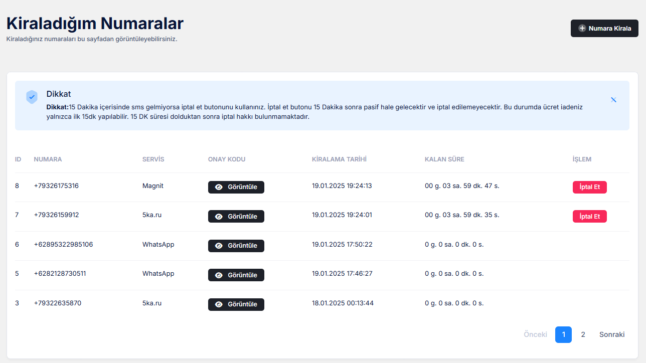 smspnay - kiraladığım numaralar